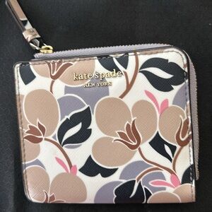 Kate Spade Cream and Brown Wallet with Modern Floral Design 3 1/2 x 4”